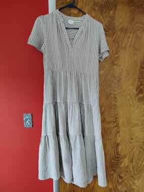 For Cynthia linen/viscose midi dress brown/white stripe size M